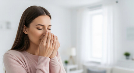 Young woman suffering from allergies or cold, covering nose indoors. Health concept with natural light and cozy home setting. Perfect for articles on seasonal illness or allergy relief tips.	