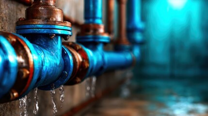 A close-up of a leaking pipe in an industrial environment, highlighting structural elements and the importance of maintenance in plumbing systems and facilities.