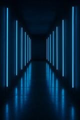 Naklejka premium Futuristic dark corridor illuminated by blue neon lights with reflections on floor