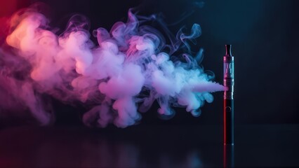Vape Pen Emitting a Dramatic Cloud of Pink and Blue Vapor Under Neon Lighting.