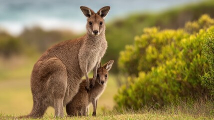 Kangaroo Mother with Joey in Pouch, Facing Camera, Surrounded by Greenery, Australian Wildlife