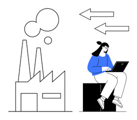 Woman working on a laptop seated next to a factory with emission and arrows symbolizing data flow. Ideal for industry, technology, communication, data, pollution, sustainability, remote work. A