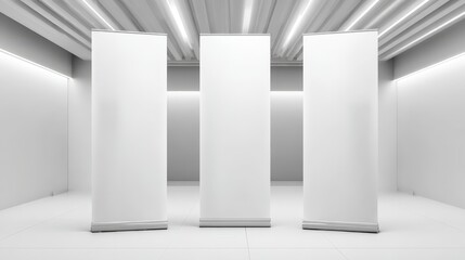 Three White Blank Roll-Up Banners Stand in a Minimalist Room, Ideal for Mockups and Advertising Displays