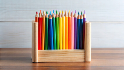 Obraz premium Rainbow Colored Pencils In A Minimalist Wooden Holder