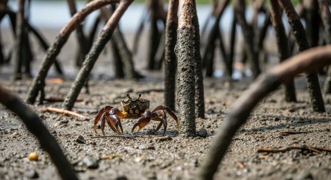Close-up of a Mangrove Crab in its Natural Habitat, Roots and Mudflat