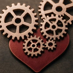 Fototapeta premium Bronze gears organizing over red heart shape symbolizing teamwork and steampunk love concept