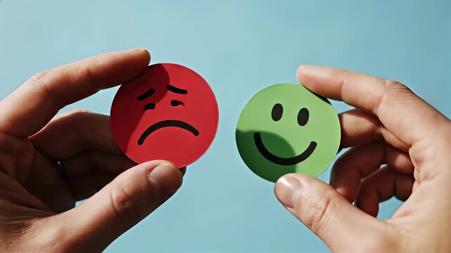 Hands hold positive and negative emoji icons on blue background. A close-up shot of a conceptual business choice. Positive feedback, business success, emotional intelligence.