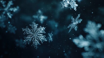 Intricate Snowflakes Floating in a Dreamy Winterscape, Macro Photography Captures the Beauty of Frozen Water Crystals