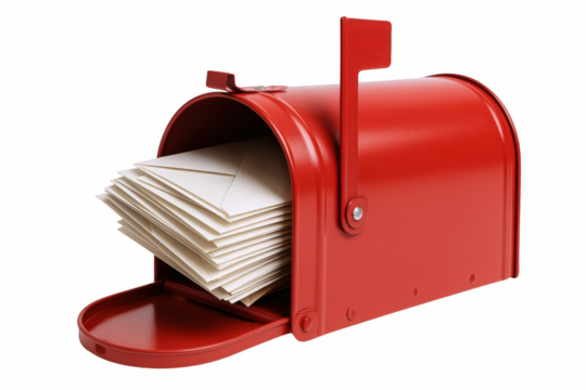 Classic Red Mailbox Overflowing with White Envelopes, Symbolizing Communication and Correspondence