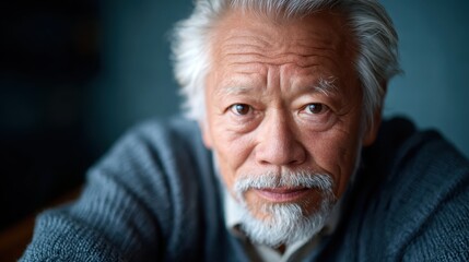An elderly man with a white beard and thoughtful expression gazes directly into the camera, capturing wisdom and the beauty of aging in a serene indoor setting.