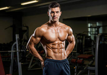 Fototapeta premium Muscular man in gym shorts poses confidently in gym background, showcasing his toned physique. Perfect for fitness, health, and athletic themes.