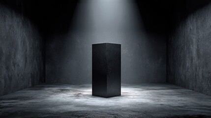 Beautiful photo of abstract black textured pedestal in empty dark room, 3D render for cosmetics or tech display.