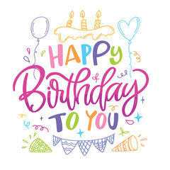 Obraz premium Happy Birthday - trendy hand drawn doodle lettering postcard. Birthday Party vector. T-shirt design, Mug print.