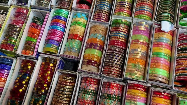 close up of a lot of colorful bangles in a shop, Indian marketplace 