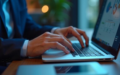 Close-up of man hands using computer, remote work, data entry, professional development, internet connection, business analytics, productivity, efficient workflow, online education. High quality