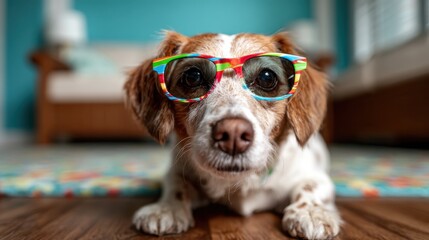 Fototapeta na wymiar A charming dog with colorful sunglasses relaxes in a bright, inviting home environment. This captures the joy and playfulness of pets in everyday life, perfect for dog lovers.