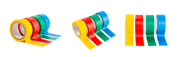 Insulating tape on a bright colored background. Set of different colors insulating tape. Reel...