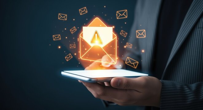 Mobile Email Marketing: Hands Holding Smartphone with Email Icons and Glowing Envelope Illustration
