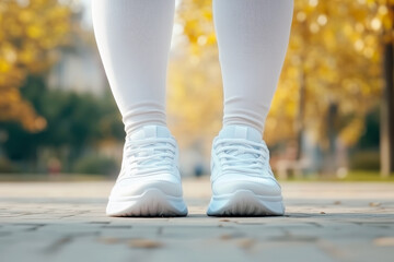 Legs in white sneakers of a plus-size woman show fitness readiness during outdoor workout
