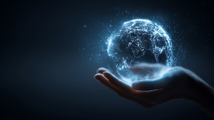 Glowing Holographic World Globe Hovering Above Human Hand, Dark Tech Background, Ultra-Realistic Lighting, Sci-Fi Feel, Ai Innovation Theme