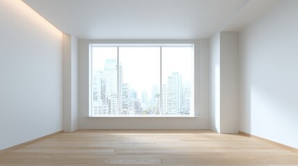 Fototapeta premium Bright Modern Empty Room with Large Window Overlooking Cityscape, Ideal for Real Estate or Design Mockups