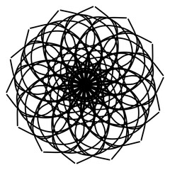Abstract art black and white lines, circles with radial rays that spread like flower petals for screen printing on tiles or for use as a tattoo. Transparent background.