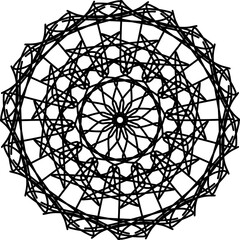 Fototapeta premium Abstract art black and white lines, circles with radial rays that spread like flower petals for screen printing on tiles or for use as a tattoo. Transparent background.