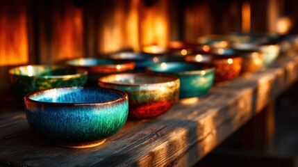 A vibrant display of beautifully crafted ceramic bowls, showcasing rich colors and glazes, arranged neatly on a rustic wooden shelf under warm ambient lighting.
