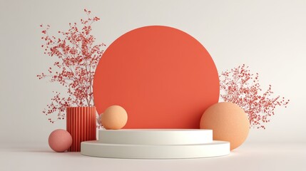 Beautiful photo of japanese style minimal abstract background with coral orange podium and abstract round shapes on a white backdrop for product presentation. 3D rendering.