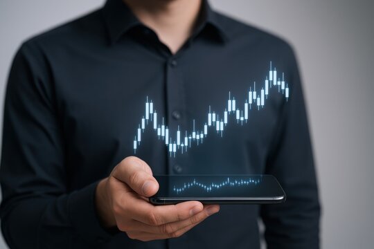 Financial Growth Concept: Man Holding Smartphone with Increasing Stock Market Chart Displayed for Investment Decisions