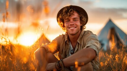 A smiling young man sits in a golden grassy field during sunset, capturing the essence of happiness and the beauty of nature in a stunning outdoor setting.