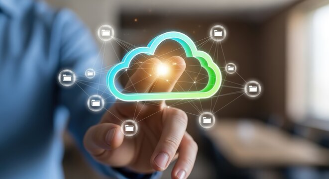 Cloud Technology Interface: Man Touching Digital Cloud Icon Representing Cloud Computing and Data Storage