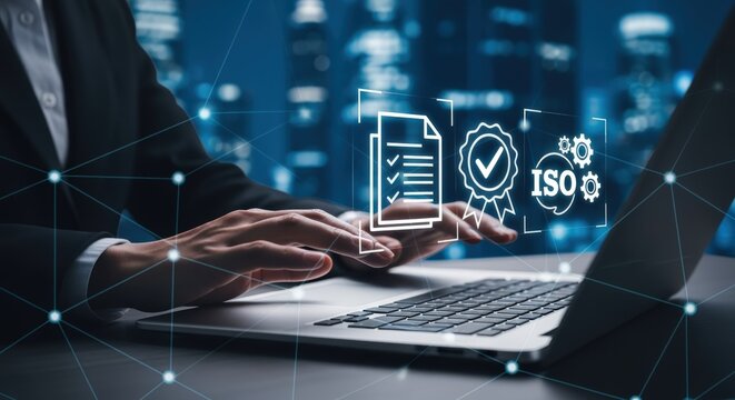 Professional using laptop for quality control, compliance and ISO certification with virtual graphic in a modern office