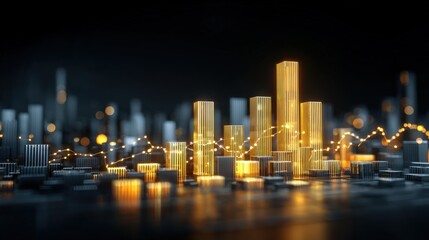 Financial District Cityscape with Golden Growth Columns and Data Stream, Illustrating Investment Success