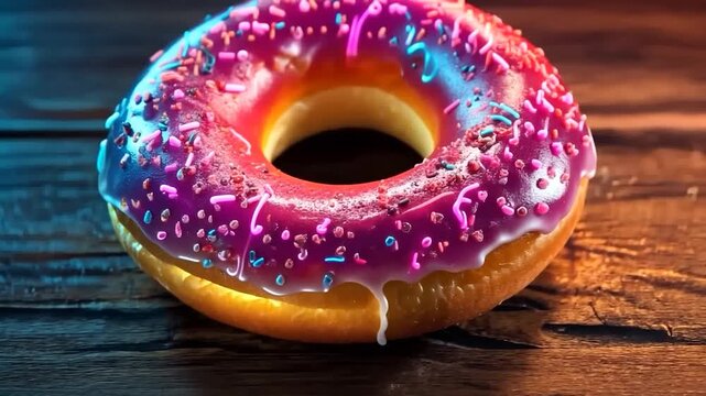 A neon donut with pink icing and sprinkles glows on a wooden table, creating a vibrant atmosphere