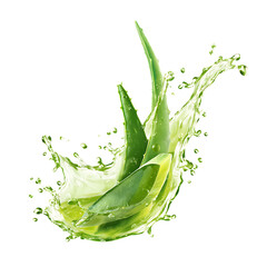 Fresh aloe vera plant splash with juice isolated on transparent background