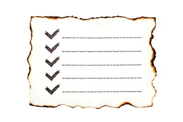 Burnt checklist with checked boxes for tasks or goals achieved on transparent background