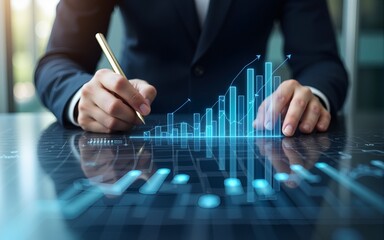 Hands holding pen Data analysis business intelligence graph and chart , financial review strategic. concept big data marketing economy. High quality