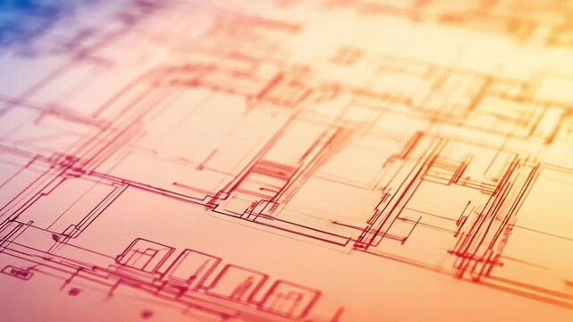 Blueprint Dreams: A detailed architectural design showcasing intricate room layouts and plumbing plans in warm, sunlit tones.	
