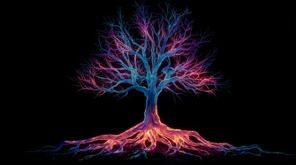 vibrant digital tree of life with glowing roots and branches symbolizing energy and connection in a futuristic abstract world