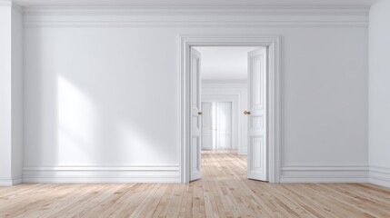 Fototapeta premium Bright Empty Room with Open Doors Leading to Further Rooms, Interior Design Concept