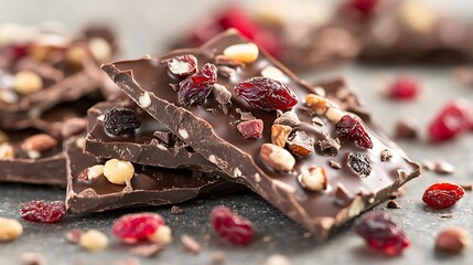 Delicious dark chocolate bark with nuts and dried fruits gourmet dessert food photography close up shot