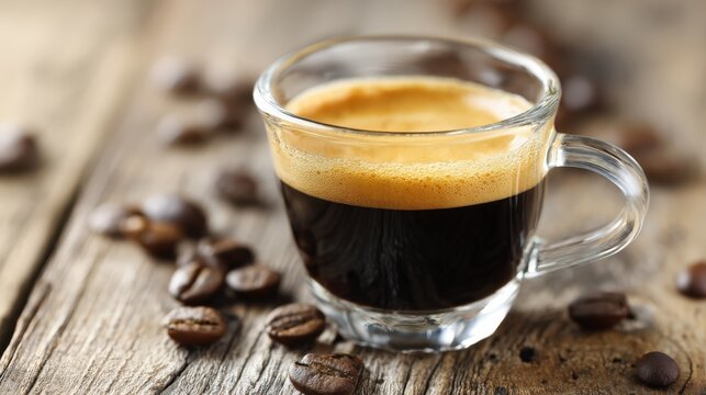 Aromatic Espresso Shot in Glass Cup with Roasted Coffee Beans on Rustic Wooden Table - Powered by Adobe