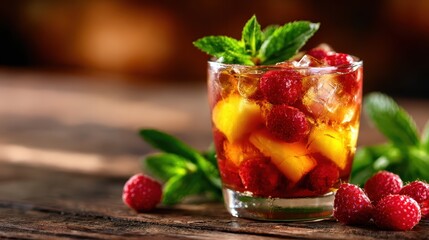 A vibrant fruit cocktail is depicted in a glass filled with ice, featuring raspberries and mint leaves, making it a perfect refreshing drink for summer gatherings and events.