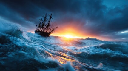 Obraz premium An old sailing ship bravely facing crashing waves under a dramatic sky, embodying adventure, courage, and the relentless spirit of exploration in the vast oceans.