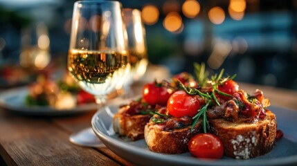A beautifully plated meal accompanied by glasses of wine exudes warmth and elegance, showcasing vibrant ingredients and an inviting atmosphere perfect for dining.
