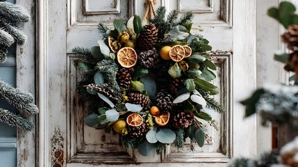 A gorgeous handmade winter wreath featuring an array of natural elements like pine evergreen pinecones dried citrus and ribbon creating a warm and festive holiday deco n for a cozy