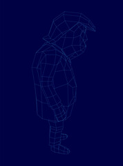 A low poly wireframe illustration of a man resembling Trump in a suit and hat, set against a solid blue background. The geometric design features intricate angular details and a modern digital art.
