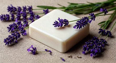 Handmade white soap bar with lavender flowers, capturing the essence of freshness and natural wellness.