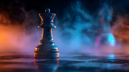 A dramatic chess queen piece on a reflective surface surrounded by colorful smoke and dark background